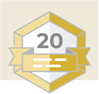 The image displays a badge with a golden border featuring a shield-shaped emblem at its center, a number '20' prominently displayed on a white background within the shield, and a ribbon-like banner below the shield that reads '100%.' Above the shield, there is a text '20' in a larger font size. The badge also includes a small icon resembling a trophy or award at the top left corner.