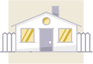 The image shows a stylized illustration of a house with a white exterior and a gray roof, featuring two yellow caution signs on either side of a central door, set against a light background.