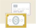 The image depicts a graphic representation of a financial scenario, featuring a credit card, an envelope with a dollar sign on it, and a piece of paper resembling a banknote or check.