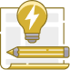 The image depicts a stylized icon featuring an open book with a yellow light bulb placed on top, symbolizing ideas or knowledge illuminated by creativity or inspiration, accompanied by a pencil and a notebook, suggesting writing or note-taking as tools for learning or problem-solving.