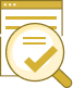The image displays a digital icon representing a document with a checkmark next to it, indicating approval or verification, accompanied by a magnifying glass pointing at the document, symbolizing examination or inspection.