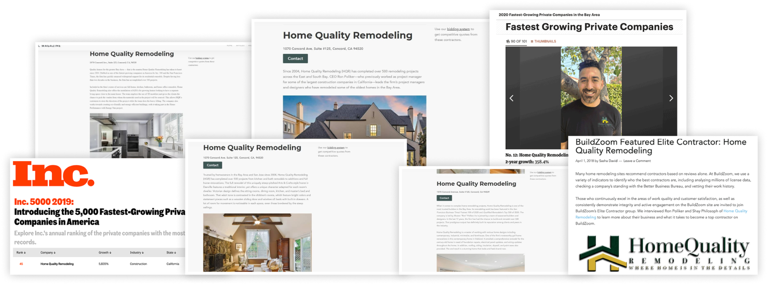 The image displays a collection of webpage screenshots with various home improvement and construction-related content, including articles, images, and advertisements.