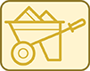 The image shows a yellow wheelbarrow icon with a shovel on top, symbolizing construction or manual labor tasks.