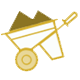 The image shows a stylized cartoon-like illustration of a wheelbarrow with two wheels, a handle on top, and a gold badge attached to its side, suggesting a theme related to mining or construction.