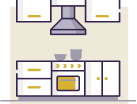 The image displays a stylized illustration of a kitchen interior with various appliances and furniture, including an oven, sink, cabinets, and a countertop, presented in a flat design style commonly used for icons or web graphics.