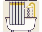 The image shows a bathroom scene with an open shower curtain revealing a bathtub filled with water, a closed toilet lid, and a hanging shower head with a yellow hose.