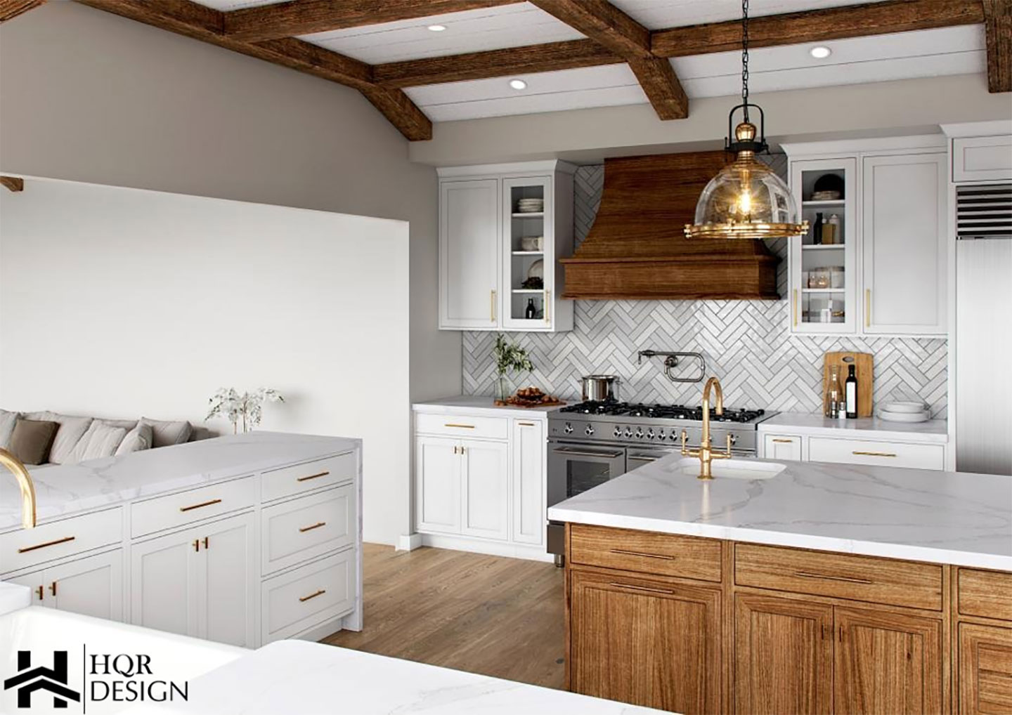 A modern kitchen interior with white cabinets, marble countertops, stainless steel appliances, white subway tile backsplash, a large island with a sink, and a wooden ceiling beam.