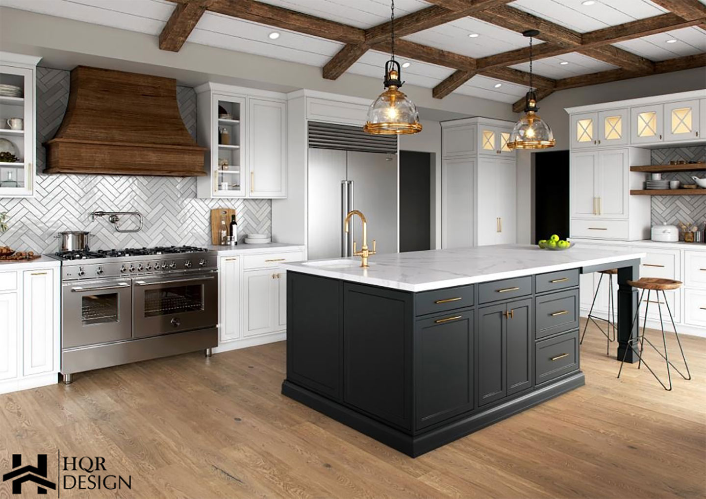 A modern kitchen with dark cabinets, stainless steel appliances, and a large center island featuring a marble countertop.