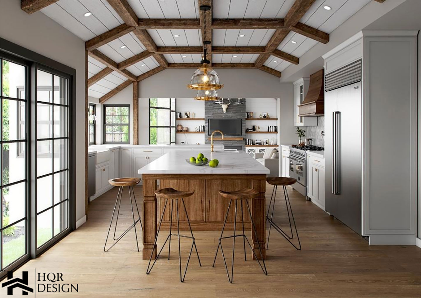 The image showcases a modern kitchen interior with wooden floors, exposed brick walls, white cabinets, stainless steel appliances, and a large island countertop.