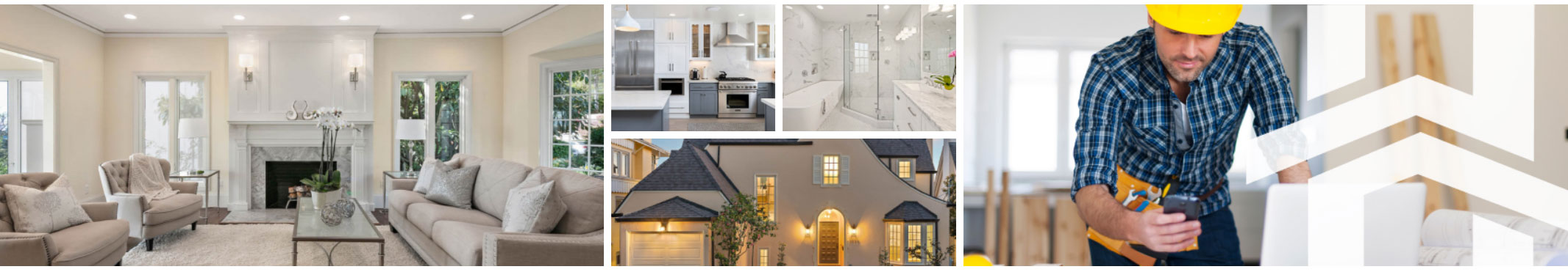 The image shows a collage of four photos featuring different aspects of a house: an interior view with furniture, an exterior view of the facade, a person working on a project, and a kitchen counter with a laptop and a cup.