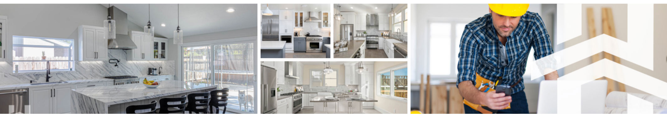 The image shows an interior space with a kitchen area visible in the background, featuring modern appliances and a dining table. In the foreground, there's a person wearing a blue shirt and a hard hat, standing next to a countertop with various items on it. The photo appears to be taken from a phone or tablet screen displaying an Instagram-like interface with multiple photos and text overlaying the main image.