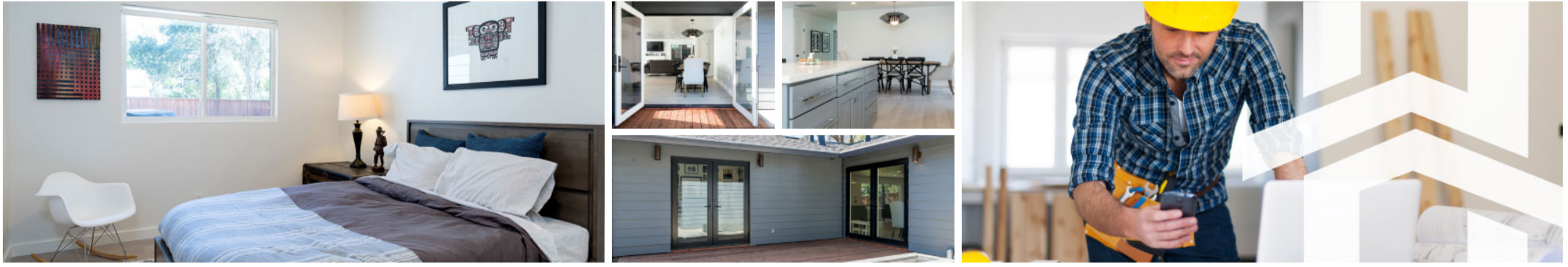 The image displays a collage of four photos depicting different stages of interior construction, with a focus on a person working on a wall, a room under renovation, and a completed living space.