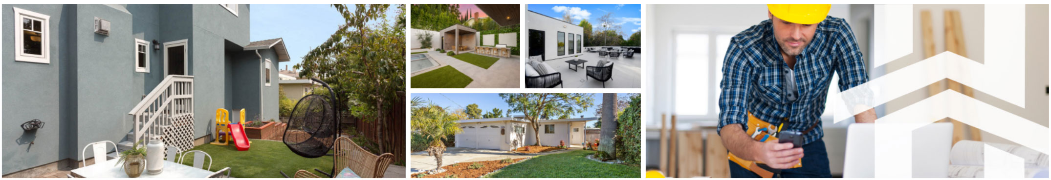 The image displays a collage of four photos showcasing different scenes: a person standing outside a house with a yellow dog, a man working on a construction site, a woman taking a photograph of a building, and an outdoor scene featuring a house with a garden and a person in the foreground.