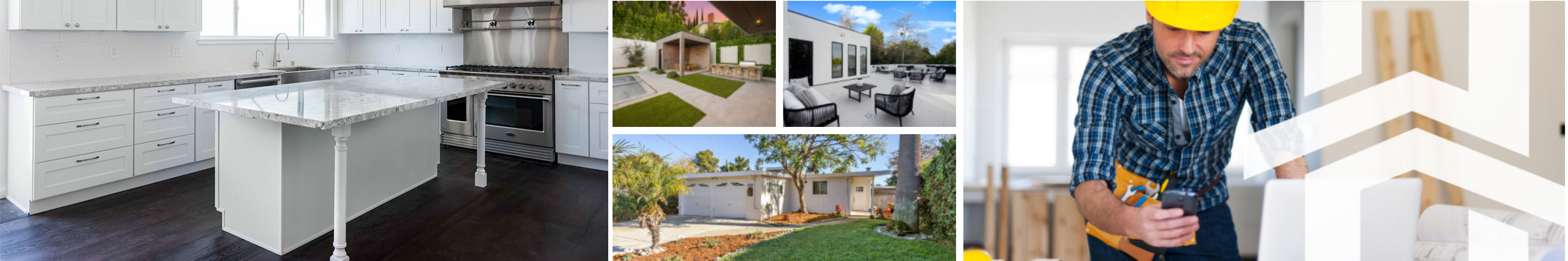 The image shows a kitchen interior with modern appliances, cabinets, and lighting, accompanied by three separate photographs of a person working on a house, a finished exterior view of a house, and an interior view of a living room with a sofa and television.