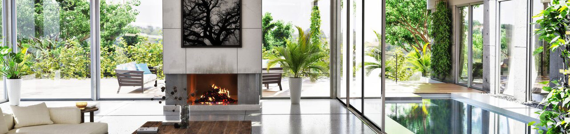 The image depicts a modern living room interior with a large window allowing natural light, a contemporary fireplace, a spacious seating area with a rug, and a sleek kitchenette with stainless steel appliances in the background.