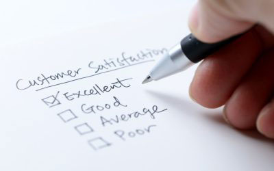 The image shows a hand writing on a piece of paper with a pen, next to a list titled 'Customer satisfaction' with items such as 'Excellent,' 'Good,' and other criteria for evaluation.